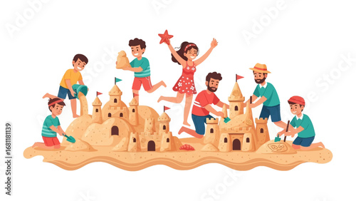 Sandcastle Architects on the Beach: A vibrant illustration captures a community's shared joy and creativity as they collaboratively build a magnificent sandcastle on a sunny beach.