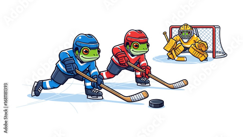 Frogs Play Hockey: In a whimsical illustration, two frog athletes engage in a spirited hockey match, aiming for victory with a puck and sticks, while their goalie anticipates the save!