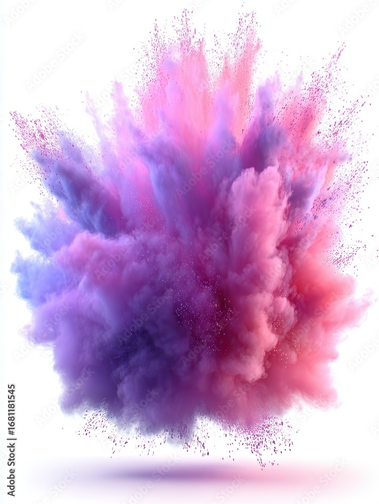 Fototapeta premium Powder explosion on white background studio shot of colorful pigment dust cloud in shades of purple and pink