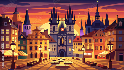 Prague’s Old Town Square, Czech Republic, glimmers with Gothic towers, astronomical clock, and cobblestone patterns. Evening lanterns illuminate facades; semi-realistic flat vector capturing vibrant d