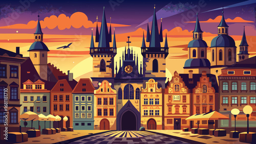 Prague’s Old Town Square, Czech Republic, glimmers with Gothic towers, astronomical clock, and cobblestone patterns. Evening lanterns illuminate facades; semi-realistic flat vector capturing vibrant d