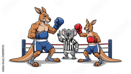 Kangaroo Boxing Match: Two muscular kangaroos engage in a fierce boxing match, supervised by an arbiter in this vivid cartoon illustration.