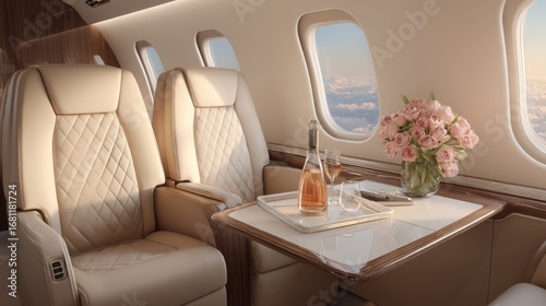 Private Jet Interior with Champagne and Roses Luxury Travel Lifestyle High Angle View Above the Clouds