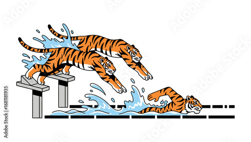 Tigers Dive into Water: Energetic tigers dive gracefully into the water, creating dynamic splashes in a vibrant display of aquatic motion and the thrill of competition.