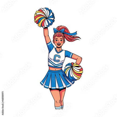 Cheerleader with Pom-poms: A cheerful cheerleader, decked out in a vibrant uniform, joyfully raises a pom-pom in a display of energy, spirit, and enthusiasm.