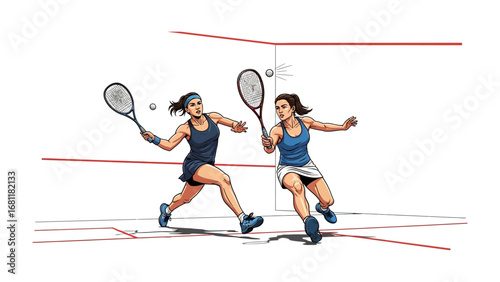 Squash Duel: Two competitive athletes engage in an energetic squash match within a precisely designed court, showcasing their speed, agility, and precision.
