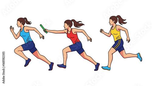 Relay Race: A stylized illustration portrays the dynamic action of a relay race. Three athletes in vibrant athletic wear demonstrate the essence of speed and teamwork.