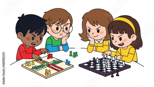 Strategic Showdown: A vibrant illustration shows children deep in concentration while playing a board game, each move sparking thought, focus, and friendly competition. 