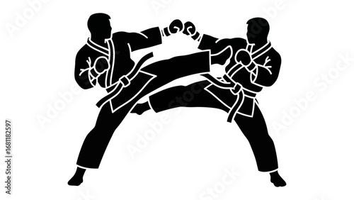 Karate Duel: Two karate practitioners engage in a dynamic combat. This striking visual showcases the power, focus, and discipline inherent in this martial art.