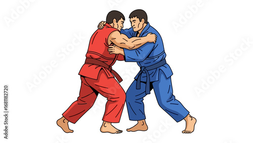 Dynamic Judo Match: Two judokas, clad in red and blue attire, engage in a fierce match, demonstrating their skill and athleticism in this action-packed scene.