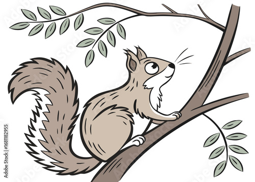 Cute cartoon squirrel sitting on a tree branch with leaves
