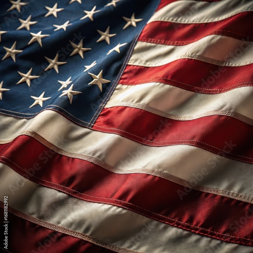 Close-up photorealistic american flag stars stripes waving fabric texture detail
