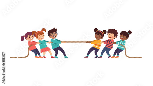 Kids Tug-of-War: A vibrant illustration captures children in a tug-of-war competition, exuding teamwork and playful energy in a colorful display.