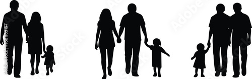 Silhouettes of modern families walking with children, diverse parenting, bonding moments, lifestyle, love, care, outdoor activity, unity