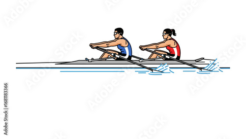 Rowing Duo in Action: A determined duo skillfully maneuvers their sleek rowing boat across the serene water. This illustration captures the essence of teamwork, precision.