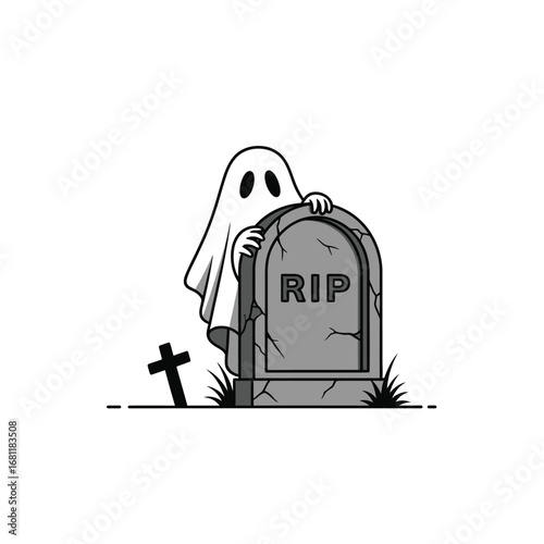 A cute ghost is standing behind a tombstone