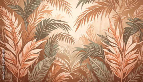 Tranquil nature scenery with palm trees. Tropical paradise with soft, warm colors. Jungle leaves in subtle muted tones. Misty forest scene with tropical plants. Pastel-colored tropical leaf artwork