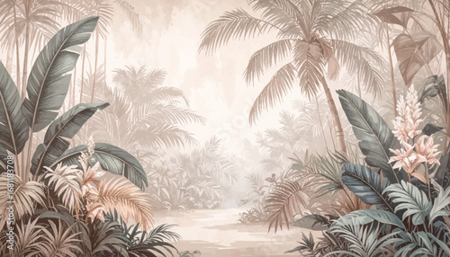 Lush botanical artwork in soft shades. Aesthetic tropical forest backdrop. Peaceful jungle scenery with blooms. Soft floral jungle design in neutral tones. Tropical plants in pastel colors
