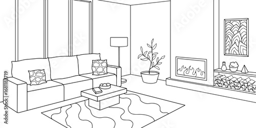 Fireplace in living room graphic black white interior sketch illustration vector 