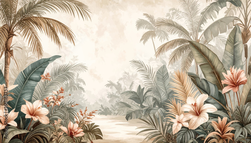 Tropical floral scenery with greenery. Serene tropical jungle with pastel hues. Soft floral pattern with tropical leaves. Peaceful jungle backdrop with pastel tones. Tropical foliage and flowers