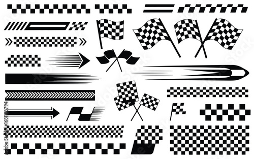 A set of monochrome racing flag graphics and checkered pattern design elements for motorsport