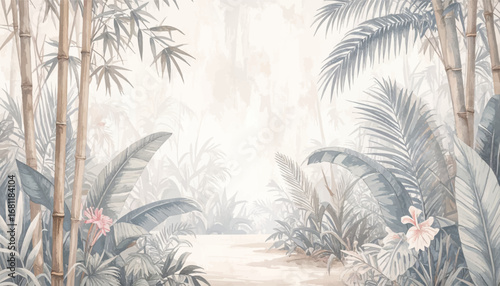 Tropical jungle landscape art. Serene nature scene with plants and flowers. Tropical forest pathway with soft color. Botanical print with bamboo and palm trees. Calming jungle artwork with light tones