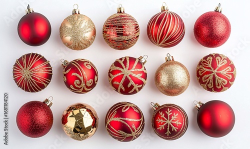 Festive Christmas Ornaments: Red, Gold, and Glittering Holiday Decorations on White