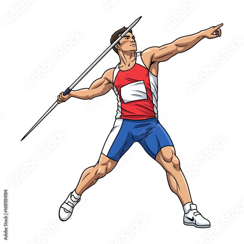 Dynamic Thrower: A focused athlete poised to launch a javelin, embodying strength and precision in a vibrant illustrated portrayal of athletic prowess.