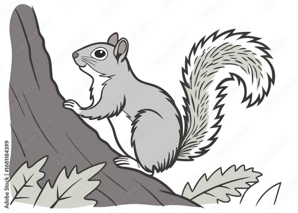 Fototapeta premium Cute cartoon squirrel climbing a tree stump with leaves