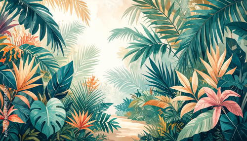 Vibrant foliage path leading into jungle. Colorful tropical flowers in natural jungle. Exotic landscape with bright tropical flora. Lush green tropical jungle foliage scene. Vibrant tropical garden