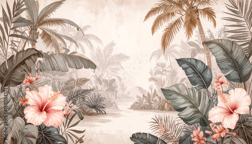 Tropical foliage with pastel colors. Floral jungle backdrop for interiors. Exotic nature landscape with flowers. Lush tropical scene with hibiscus flowers. Soft pastel tropical landscape design