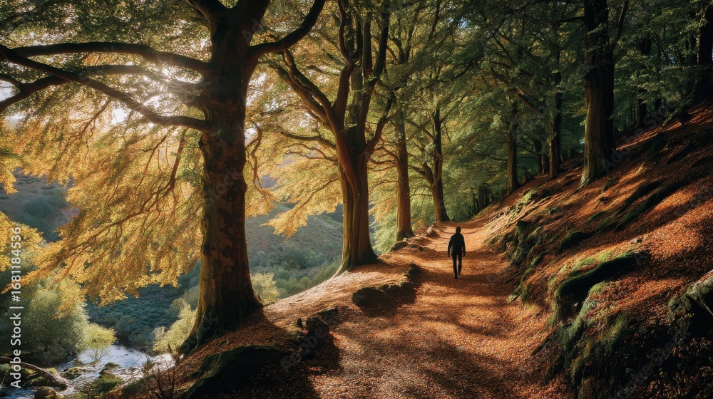 Fototapeta premium Person Walking Autumn Trail Through Forest Trees Sunlight Filtering Down Scenic Landscape View