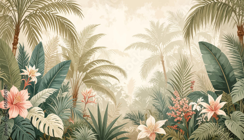 Gentle hues in tropical floral artwork. Botanical greenery with a tropical vibe. Subtle tropical flowers with leaves. Elegant floral jungle with warm tones. Calming tropical botanical backdrop