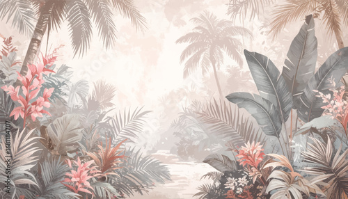 Modern botanical tropical leaf pattern. Retro tropical floral wall art print. Tropical botanical wall decor design. Nature-inspired tropical wall mural. Pastel floral jungle print for walls