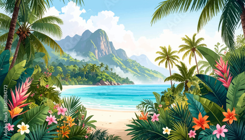 Tropical beach with vibrant flowers. Lush tropical landscape with mountains. Scenic tropical paradise, ocean view. Exotic beach view with palm trees. Idyllic tropical paradise, clear water
