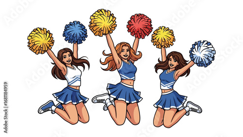 Cheerleader Team with Pom-poms: A vibrant illustration of a cheerleader team leaping high, displaying pom-poms in spirited celebration, perfect for portraying energy and support