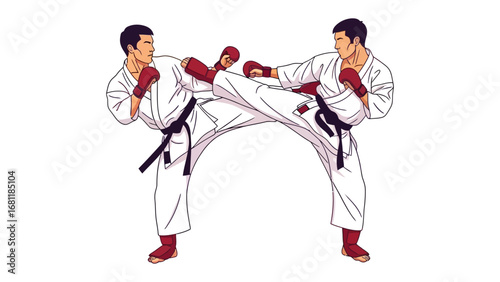 Karate Duel: Two skilled martial artists, clad in traditional attire, engage in a dynamic karate match, showcasing their precision and discipline. 