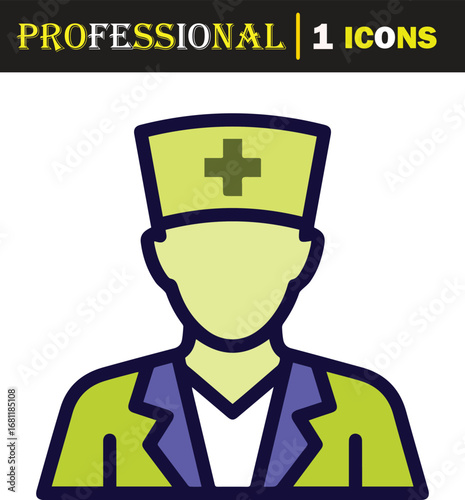Vector art of stylized icon of a medical professional, likely a doctor or surgeon, wearing a cap with a cross symbol, representing healthcare and medicine