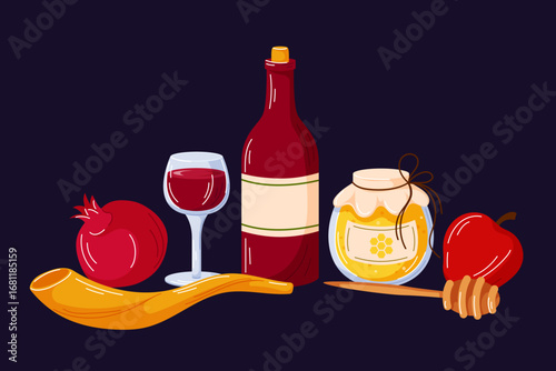 Traditional Jewish holiday Rosh Hashanah symbol including shofar, kiddush wine bottle, glass, honey jar, pomegranate, apple and dipper on dark background in cartoon.