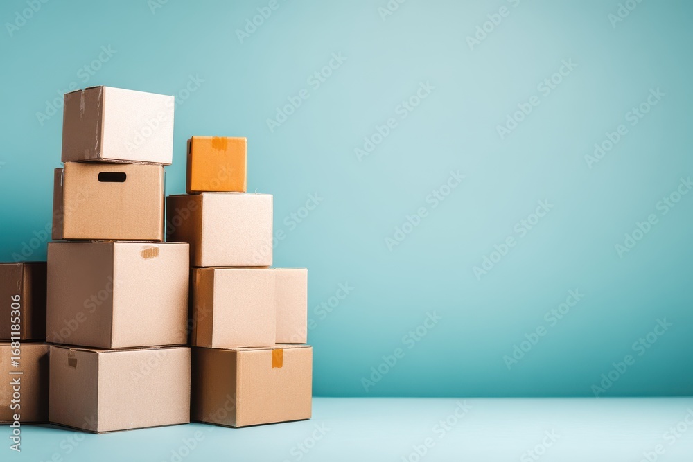 Obraz premium Stack of Cardboard Boxes in Studio Shot on Blue Background Moving or Shipping Concept Still Life