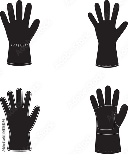 Glove Silhouettes Set in 2x2 Grid – Vector Icons of Protective, Safety, Work, and Rubber Gloves on White Background