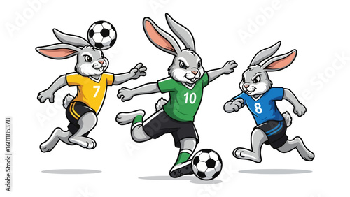 Soccer Rabbits: A vibrant illustration captures the energy and excitement of soccer with three animated rabbits engaged in a lively game, showcasing the spirit of sportsmanship.