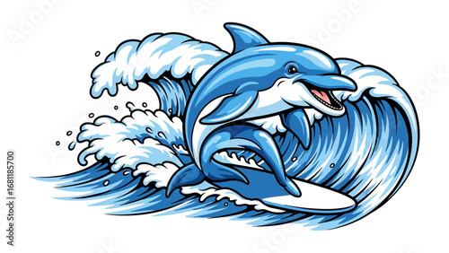 Dolphin Surfing the Wave: A playful dolphin glides gracefully on a cresting wave, riding the ocean's power with joyful abandon. capturing the ocean's embrace and its vibrant energy.