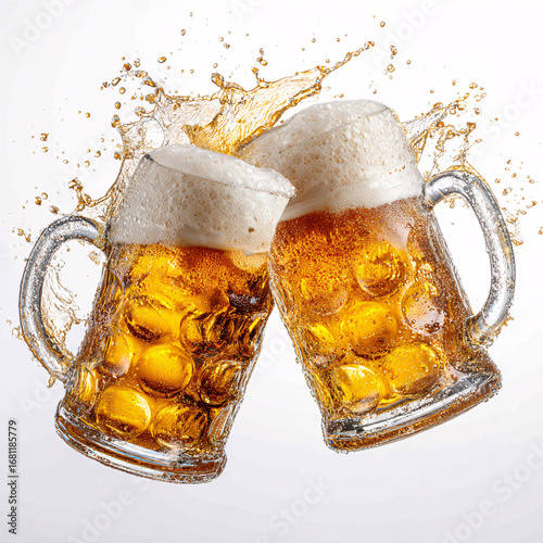 Wallpaper Mural Two clinking beer mugs with golden lager and foam splash, Oktoberfest style. Torontodigital.ca