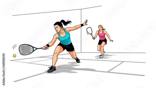 Squash Showdown: A dynamic illustration captures the intensity of a squash match, where two focused players engage in a spirited rally, showcasing athleticism and competitive spirit.