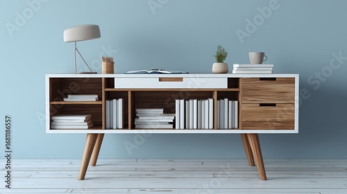 Modern sideboard cabinet with books and decor against a blue wall in a bright room interior design furniture lifestyle