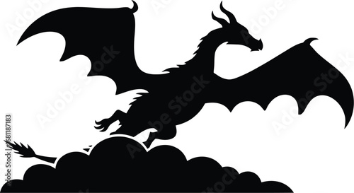 Dragon silhouette flying over clouds fantasy art illustration