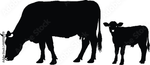 Cow and calf silhouette black and white farm animal graphics