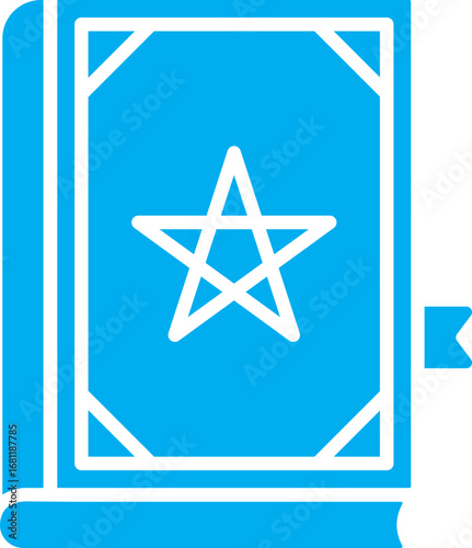 Blue and White Magic Spell Book Icon in Flat Style.