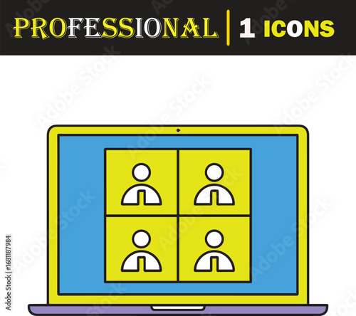 Vector art of laptop screen displaying a video conference with four participants in a grid layout, symbolizing remote communication and online meetings